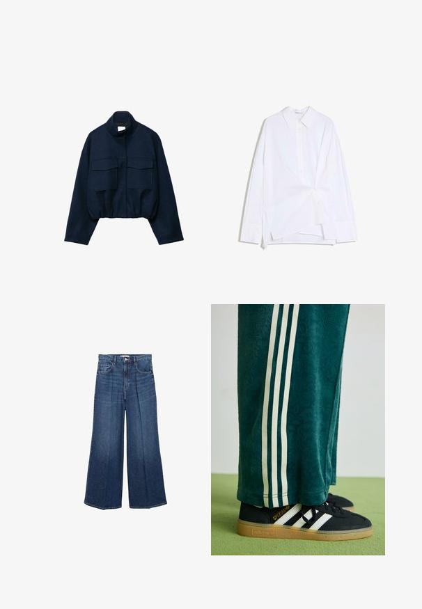 Marineblå cropped jakke med høj krave, to store frontlommer med klap, lange ærmer og elastisk kant.; Hvid langærmet skjorte med knapper, asymmetrisk snoet forstykke og klassisk krave, vist på en hvid baggrund.; Viddejeans i mørkeblå denim med høj talje, bæltesløjfer og klassisk fem-lomme design. Afsluttet med en ren kant.; Grønne teksturerede bukser med hvide sidelince, parret med sorte Adidas sneakers med tre hvide striber og en gummisål.