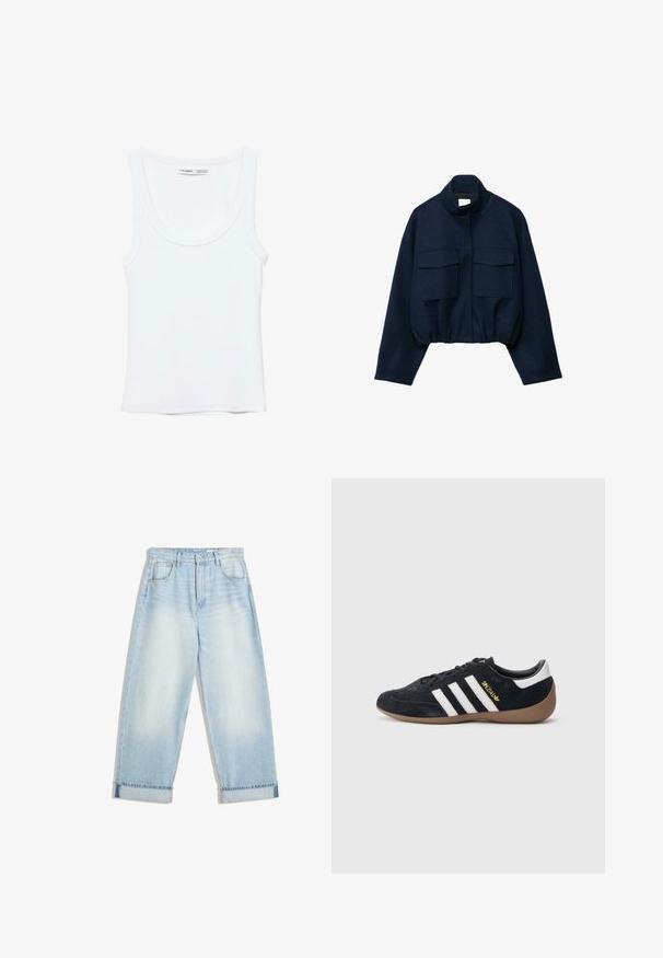 Marineblaue kurze Jacke mit hohem Kragen, zwei großen aufgesetzten Fronttaschen, langen Ärmeln und elastischem Saum.; Schlichtes weißes ärmelloses Tanktop mit Rundhalsausschnitt, aus weichem Stoff, Etikett im Kragen zeigt Marken- und Größenangaben.; Hellblaue Denim-Weite-Hosen mit hoher Taille, mit umgeschlagenem Saum, fünf Taschen und subtilen Ausbleichungen im Stoff.; Schwarzer Veloursleder-Sneaker mit drei weißen Streifen, Gummisohle und einem kleinen goldenen Logo an der Seite. Verfügt über ein glattes schwarzes Innenfutter.