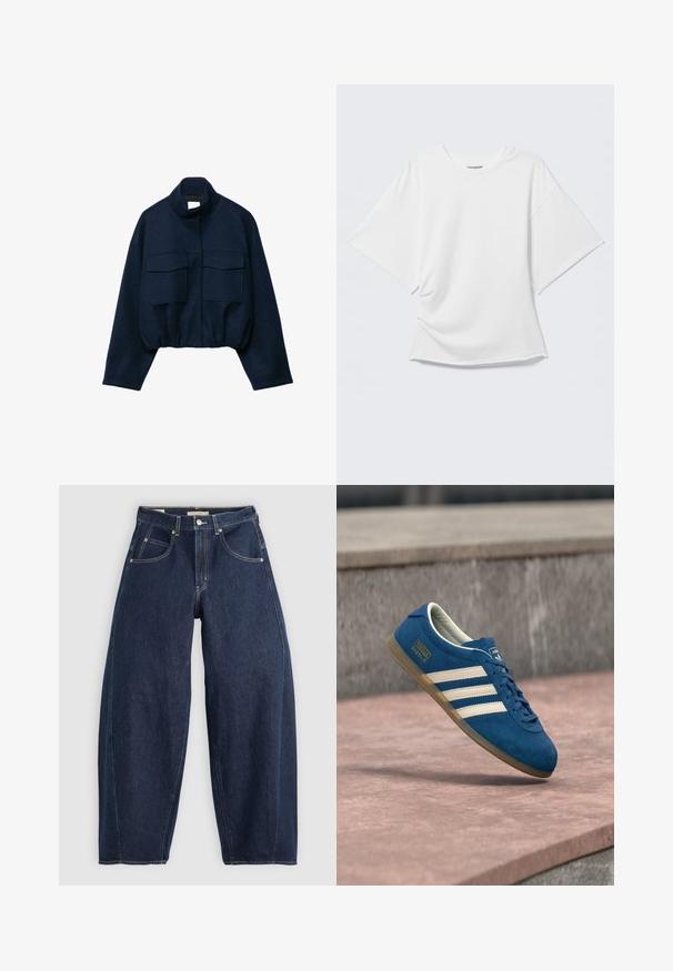Marineblå cropped jakke med høj krave, to store frontlommer med klap, lange ærmer og elastisk kant.; Hvid oversized T-shirt med korte ærmer og rund hals vist på en lysegrå baggrund.; Mørkeblå denim jeans med løs pasform, lyse syninger, fem lommer og en knaplukning ved taljen.; Blå ruskindsneaker med cremefarvede striber og snørebånd, sål af gummiridse, tekstureret overflade, rundet tå og mærkning på siden.