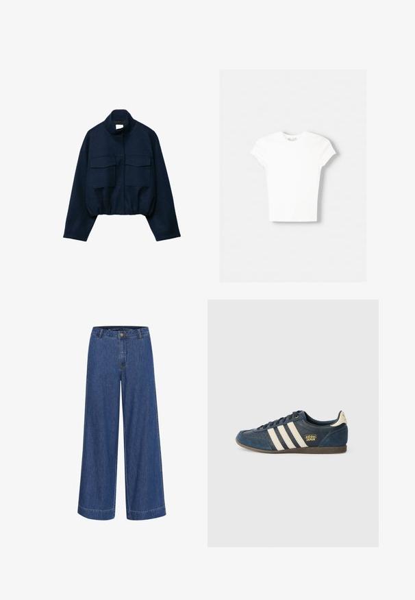 Marineblaue kurze Jacke mit hohem Kragen, zwei großen aufgesetzten Fronttaschen, langen Ärmeln und elastischem Saum.; Weißes kurzärmliges T-Shirt aus weicher Baumwolle, mit Rundhalsausschnitt und figurbetonter Form. Keine sichtbaren Muster oder Verzierungen.; Weite Jeanshose in Dunkelblau. Aus Baumwolle gefertigt, mit Knopfverschluss, Vordertaschen und einem sauberen Saum.; Marineblaue Wildledersneaker mit cremefarbenen Streifen, strukturiertem Zehenbereich, goldenem "adidas JAPAN"-Logo und brauner Gummisohle. Klassisches Low-Top-Design.