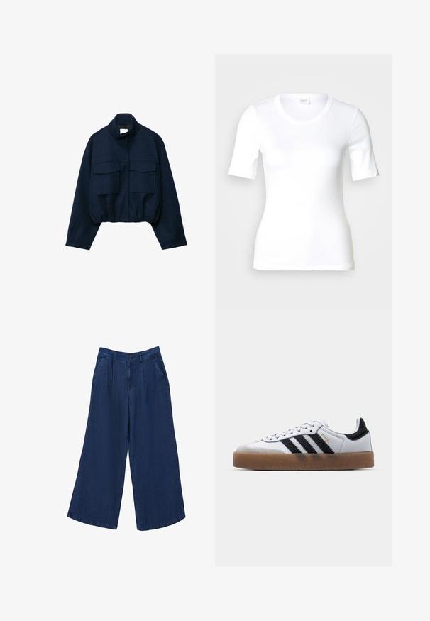 Marineblå cropped jakke med høj krave, to store frontlommer med klap, lange ærmer og elastisk kant.; Hvid T-shirt med korte ærmer lavet af glat bomuld, med rund halsudskæring og en tætsiddende pasform. Klassisk design uden mønstre eller detaljer.; Bredde ben denim bukser i mørkeblå. Har to forlommer, en knappelukning og en glat tekstur med et let materiale.; Hvide lædersneakers med sorte striber, gummirubber sål, rund tå, snørelukning og blød grå ruskinds tåhætte.