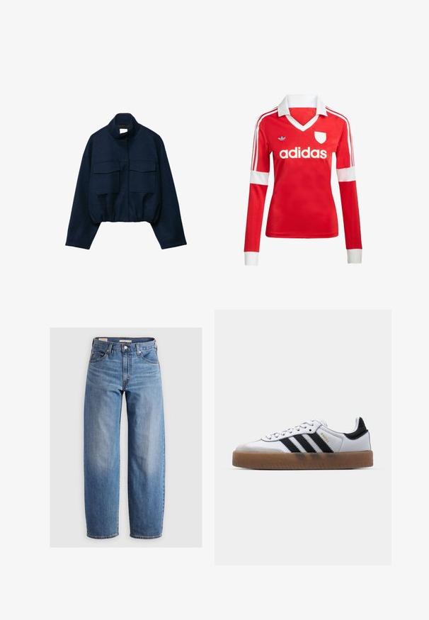 Marineblå cropped jakke med høj krave, to store frontlommer med klap, lange ærmer og elastisk kant.; Rød langærmet fodboldtrøje med hvid krave og manchetter. Har tre hvide striber på skuldrene og "adidas" logoet fremtrædende vist.; Lysblå lige ben jeans lavet af denim. Har et klassisk fem-lomme design og subtile falmede områder langs benene.; Hvide lædersneakers med sorte striber, gummirubber sål, rund tå, snørelukning og blød grå ruskinds tåhætte.