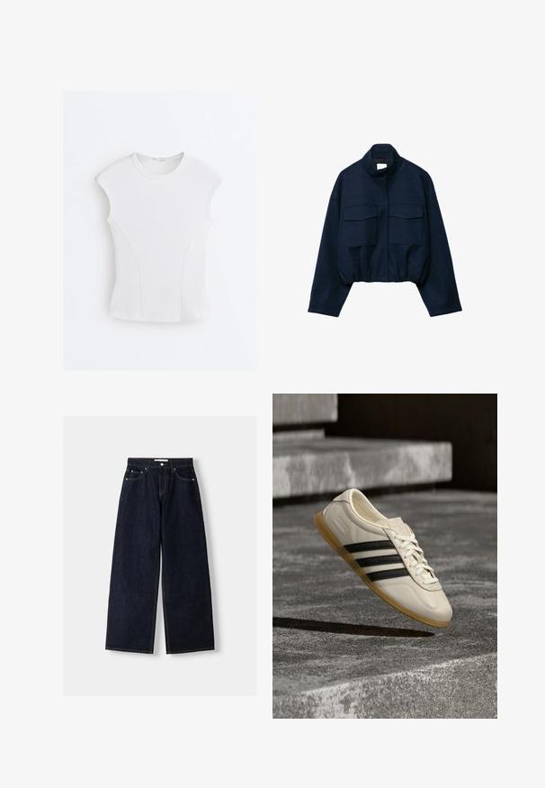 Marineblå cropped jakke med høj krave, to store frontlommer med klap, lange ærmer og elastisk kant.; Hvid ribstrikket ærmeløs top med rund halsudskæring og buede sømdetaljer på en flad hvid baggrund.; Mørkeblå denim wide-leg jeans med høj talje, fem lommer, kontraststing og sølvfarvet metalbeslag. Glat overflade og pæn finish.; Hvid sneaker med sorte striber og gummisål svæver over betontrapper i blødt dagslys.