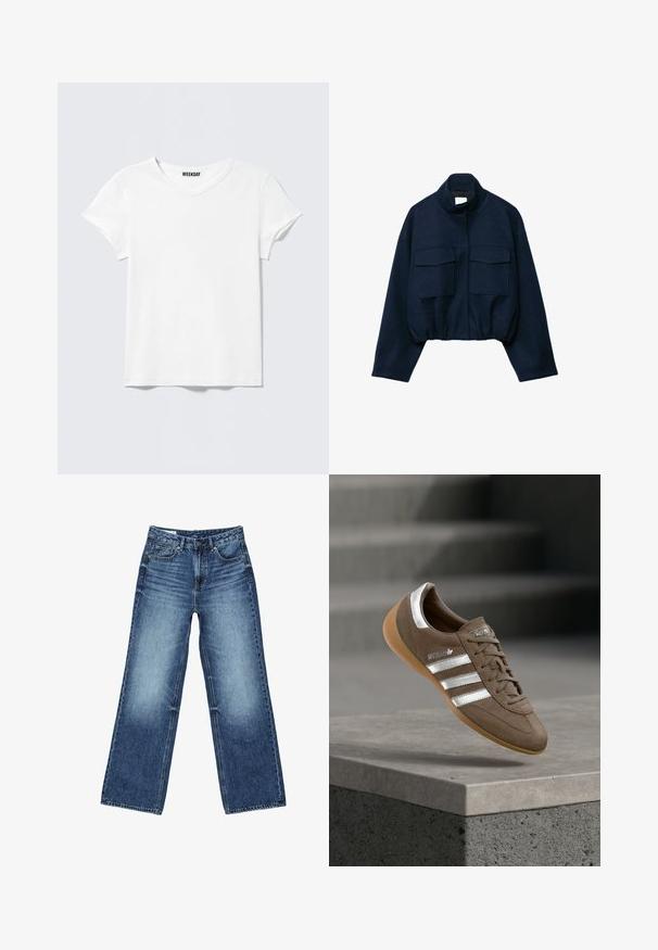 Veste courte bleu marine avec col montant, deux grandes poches à rabat à l'avant, manches longues et ourlet élastiqué.; T-shirt blanc uni à manches courtes avec col en V et une petite étiquette "WEEKDAY" à l'intérieur du col, présenté sur un fond gris clair.; Jean denim bleu à jambes larges avec poches avant et poche monnaie, fermeture à boutons, et lavage délavé sur les cuisses et les genoux.; Baskets en daim marron avec des rayures blanches et des accents argentés, dotées d'une tige texturée, d'un système de laçage et d'une semelle en caoutchouc gomme.