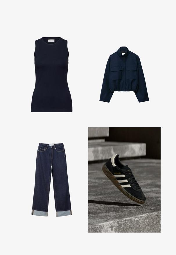 Marineblå cropped jakke med høj krave, to store frontlommer med klap, lange ærmer og elastisk kant.; Marineblå ærmeløs top lavet af glat bomuld, med en rund halsudskæring og en tætsiddende pasform uden pynt. Afslappet og alsidig.; Mørkeblå vidde jeans med omslag ved buksebenet, forreste knap, lynlås og design med fem lommer.; Sort Adidas-sneaker med hvide striber og gummisåler, svævende over grå betontrapper i naturligt lys.