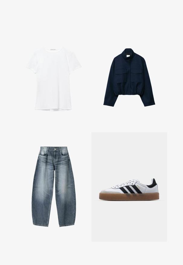 Navyblauw kort jasje met hoge kraag, twee grote klepzakken aan de voorkant, lange mouwen en elastische zoom.; Witte short-sleeve t-shirt van gladde stof, met een ronde halslijn en subtiele stiksels bij de zoom.; Wijd gesneden jeans van lichtblauwe denim met vervaging, met een vijf-pocket ontwerp, knoopsluiting en minimale stikdetails.; Witte leren sneakers met zwarte strepen, gumrubberen buitenzool, ronde neus, vetersluiting en een zachte grijze suède neuskap.