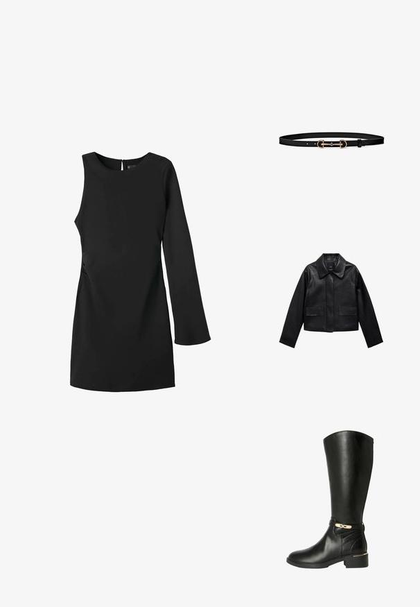Schwarze, cropped Lederjacke mit Kragen, vorderem Knopfverschluss und zwei großen Klappentaschen. Glatte Textur und strukturierte Form.; Schwarzes langärmeliges Kleid mit rundem Halsauschnitt, seitlicher Raffung, taillierter Form und einem Schlüsselaugenverschluss auf der Rückseite. Glattes, dehnbares Material.; Schwarze kniehohe Stiefel aus glattem Leder mit einem Akzent und einer Schnalle in Goldton. Verfügt über einen Blockabsatz und detaillierte Stickereien an der Seite.; Schwarzer Leder-Gürtel mit dünnem Design; verfügt über eine goldfarbene Metallschnalle mit einer geschlungenen Akzentuierung und verstellbaren Punkten zum Befestigen.