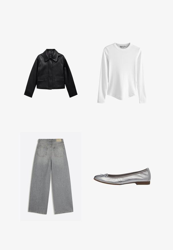Zwart cropped leren jasje met een kraag, sluiting met voorste knopen en twee grote klepzakken. Vlotte textuur en gestructureerde vorm.; Wit geribd top met lange mouwen, ronde hals en licht gebogen zoom, afgebeeld tegen een effen witte achtergrond.; Grijze wijde denim jeans met achterkant met twee zakken en riemlussen plat op een witte achtergrond gelegd.; Zilverkleurige metallic ballerina met een ronde neus, strikdetail op de neus en een lage houten hak. Zachte textuur en slank ontwerp.