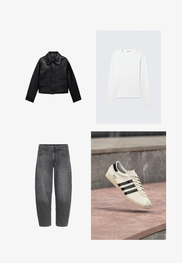 Zwart cropped leren jasje met een kraag, sluiting met voorste knopen en twee grote klepzakken. Vlotte textuur en gestructureerde vorm.; Effen wit shirt met lange mouwen en ronde hals, slim fit, afgebeeld tegen een lichtgrijze achtergrond.; Zwarte spijkerbroeken van denim met een losse pasvorm, voorzien van een vijf-pocketontwerp, knoopsluiting en subtiele vervaging voor textuur.; Witte Adidas sneaker met zwarte strepen en beige zool, zwevend boven een rozeachtig betonnen oppervlak en een grijze stenen achtergrond.