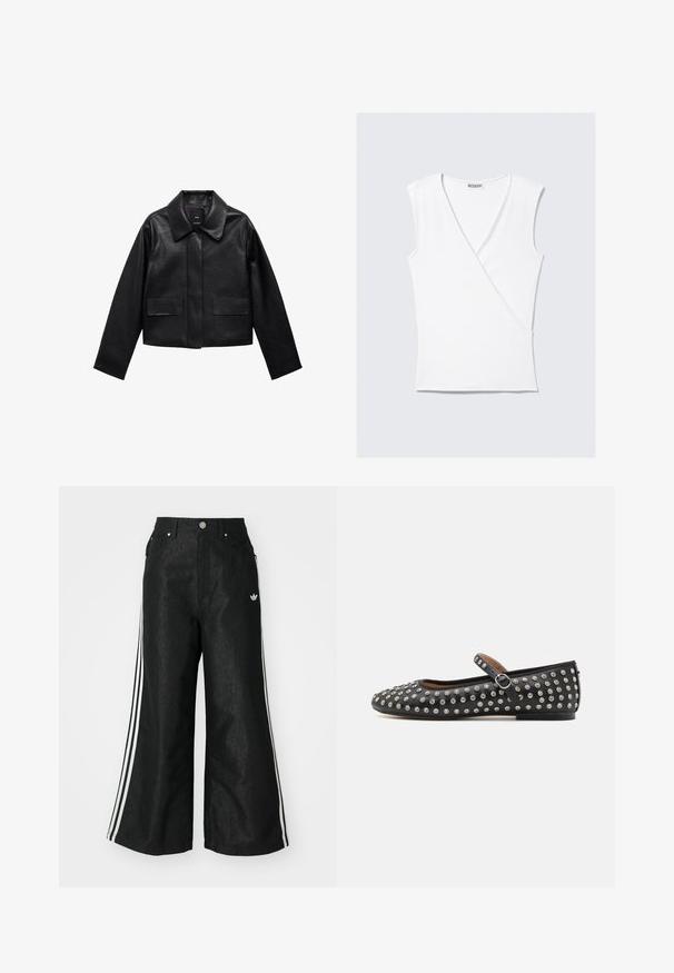 Sort cropped læderjakke med krave, frontlukning med knapper og to store flaplommer. Glat tekstur og struktureret form.; Hvid ærmeløs top med en omslag design, lavet af glat stof, med en dyb V-halsudskæring og en tætsiddende silhuet.; Sorte vide denim bukser med tre hvide striber på hver side og et lille hvidt logo. Indeholder forlommer og en knaplukning.; Sort læder flad sko med rund tå, der har en rem og sølvfarvede nitter jævnt fordelt over den øverste overflade.