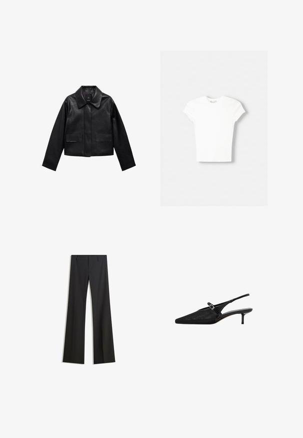 Sort cropped læderjakke med krave, frontlukning med knapper og to store flaplommer. Glat tekstur og struktureret form.; Hvid kortærmet t-shirt lavet af blød bomuld, med rund halsudskæring og en tætsiddende form. Ingen synlige mønstre eller udsmykninger.; Sorte, flarede bukser med en glat tekstur, der har en skræddersyet pasform og en talje. Ingen synlige mønstre eller udsmykninger.; Sorte slingback hæle med spidse tæer, tekstureret mesh-overdel, slank justerbar rem med sølvspænde og 5 cm stilettohæle.