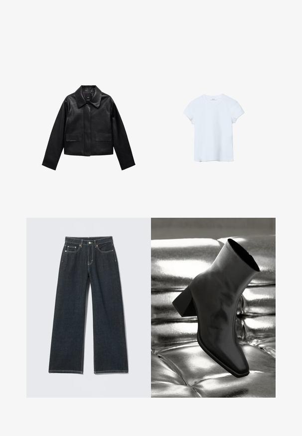 Schwarze, cropped Lederjacke mit Kragen, vorderem Knopfverschluss und zwei großen Klappentaschen. Glatte Textur und strukturierte Form.; Schlichtes hellblaues T-Shirt mit kurzen Ärmeln und rundem Ausschnitt, flach auf weißem Hintergrund liegend.; Dunkelblaue Jeans mit weitem Bein, vorn mit Knöpfen, Reißverschluss, Gürtelschlaufen und fünf Taschen, auf hellem einfarbigem Hintergrund.; Schwarzer Knöchelstiefel aus glänzendem Material mit quadratischer Zehenform und verjüngtem Absatz, vor einem glänzenden silbernen gepolsterten Hintergrund.