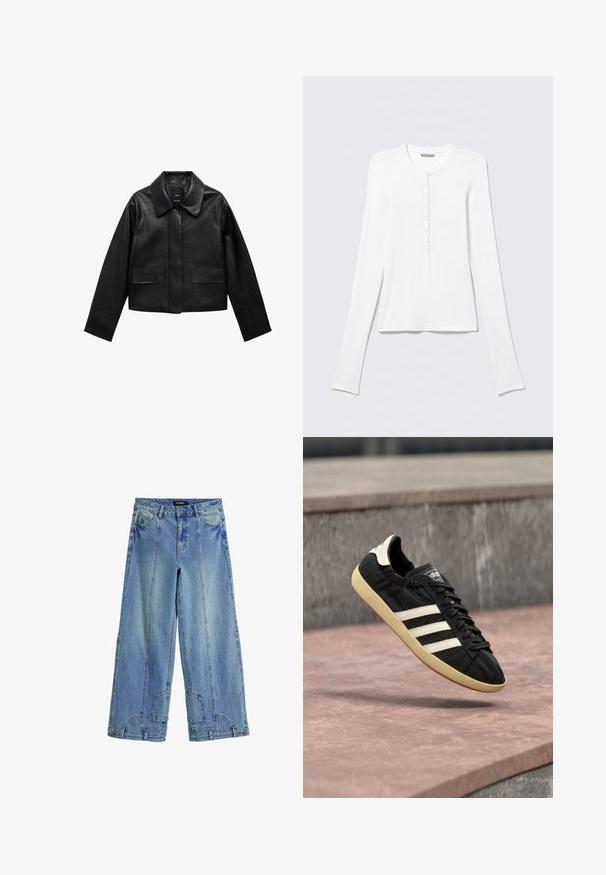 Sort cropped læderjakke med krave, frontlukning med knapper og to store flaplommer. Glat tekstur og struktureret form.; Hvid Henley trøje med lange ærmer, rund halsudskæring og en vertikal række små knapper ned foran i midten.; Lysblå, brede jeans i denim med høj talje, markante syninger og lappe-lignende detaljer på baglommerne.; Sort Adidas sneaker med hvide striber og beige sål, fanget i luften over en stenet overflade og baggrund af en stenmur.