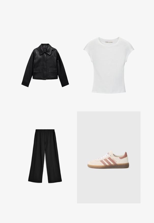 Schwarze, cropped Lederjacke mit Kragen, vorderem Knopfverschluss und zwei großen Klappentaschen. Glatte Textur und strukturierte Form.; Weißes Baumwoll-T-Shirt mit kurzen, aufgerollten Ärmeln, rundem Ausschnitt und geradem Saum. Glatte Textur ohne sichtbare Muster oder Akzente.; Schwarze, weit geschnittene Hose aus weichem, dehnbarem Stoff. Elastischer Bund mit Taschen an den Seiten. Klare Linien und glatte Oberfläche.; Beiger Wildleder-Sneaker mit pinkfarbenen Akzenten, drei pinkfarbenen Streifen, weißen Schnürsenkeln und einer transparenten Gummisohle. "Spezial"-Markierung an der Seite.
