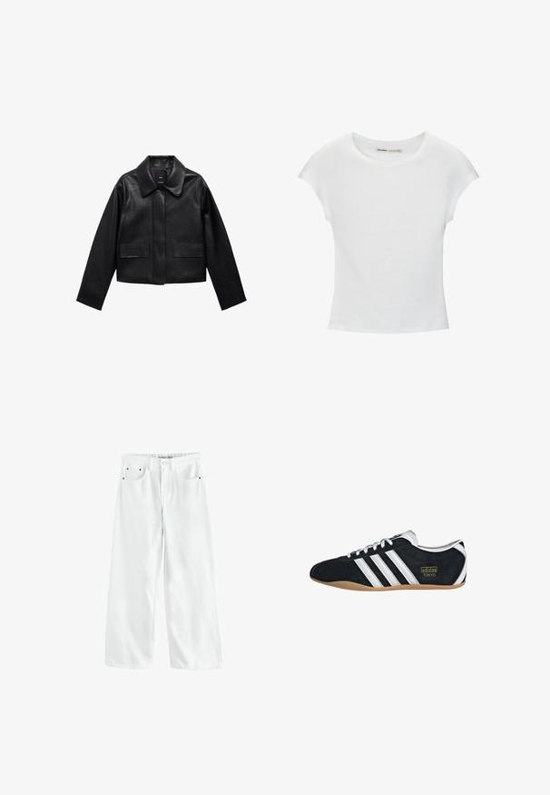 Sort cropped læderjakke med krave, frontlukning med knapper og to store flaplommer. Glat tekstur og struktureret form.; Hvid bomuld t-shirt med korte, opsmøgede ærmer, rund halsudskæring og lige kant. Glat tekstur uden synlige mønstre eller detaljer.; Hvide, vidde cowboybukser med høj talje, to forlommer og diskrete guldfarvede detaljer. Glat tekstur, afslappet design.; Sort ruskinds sneaker med hvide tre striber, guldlogo og en brun gummisål. Har et lavprofil snørebåndsdesign.