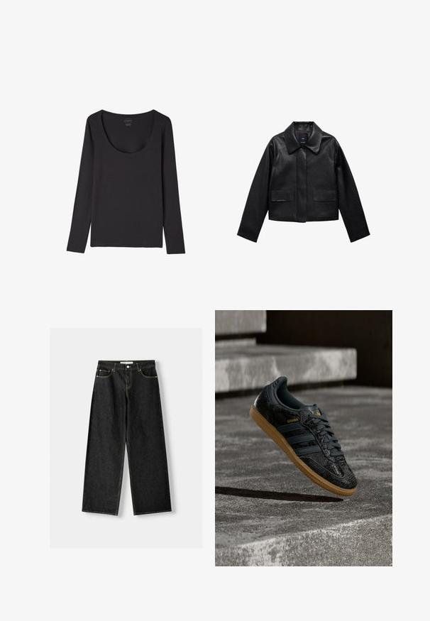 Sort cropped læderjakke med krave, frontlukning med knapper og to store flaplommer. Glat tekstur og struktureret form.; Sort langærmet skjorte med bred rund halsudskæring, lagt fladt på en hvid baggrund.; Sorte denim bukser med bred ben, der har fem lommer, metalknap og lynlås lukning samt kontrasterende gul syning langs sømmene.; Sort Adidas Samba-sneaker med struktureret mønster, gummisål og guldlogo, placeret i luften over betontrin.