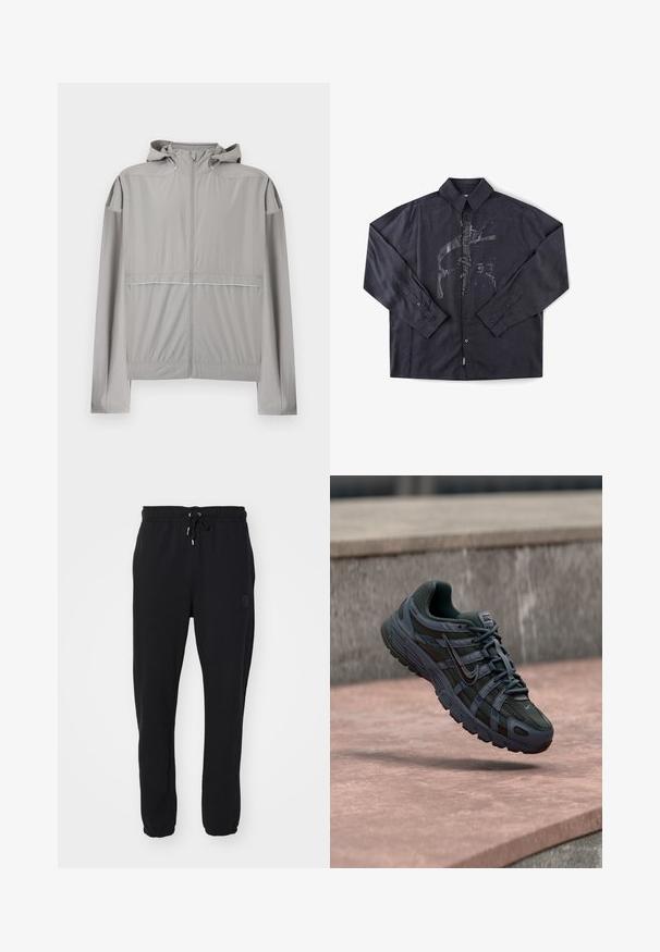 Veste coupe-vent à capuche gris clair avec fermeture éclair frontale et taille élastique, conçue pour une utilisation légère en extérieur.; Chemise noire à manches longues avec col et boutons, présentant un motif graphique abstrait gris foncé subtil sur le devant.; Pantalons de survêtement noirs avec une taille élastique et un cordon de serrage ajustable, présentant des chevilles côtelées et un logo discret sur le côté.; Chaussure de course Nike gris foncé avec un design en mesh et en synthétique, flottant au-dessus d'une surface en béton rosée avec un fond en pierre grise.