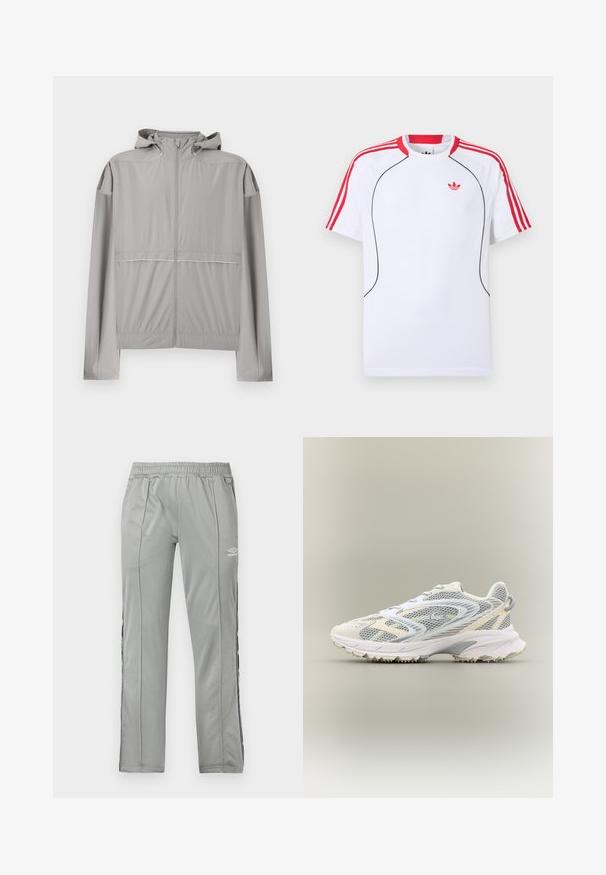 Veste coupe-vent à capuche gris clair avec fermeture éclair frontale et taille élastique, conçue pour une utilisation légère en extérieur.; T-shirt de sport blanc à manches courtes avec des rayures rouges sur les épaules et les manches, un liseré noir à l'avant, et le logo Adidas trèfle rouge sur la poitrine.; Pantalons de sport Umbro gris clair avec taille élastique et bandes latérales noir et blanc, présentés sur un fond blanc.; Chaussure de sport blanche avec des panneaux en mesh gris, des superpositions texturées, un col rembourré et une semelle en caoutchouc dotée de petites pointes de traction.