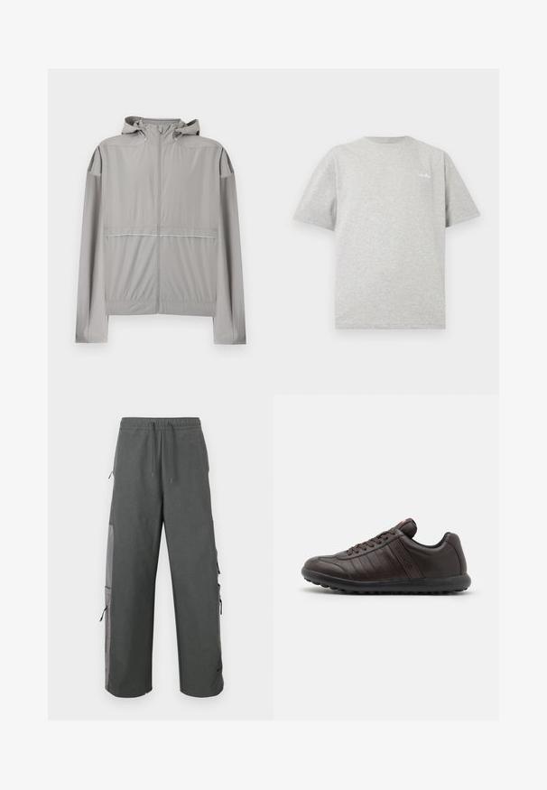 Veste coupe-vent à capuche gris clair avec fermeture éclair frontale et taille élastique, conçue pour une utilisation légère en extérieur.; T-shirt gris clair à col rond et manches courtes avec petit logo blanc sur le côté gauche de la poitrine, sur fond blanc.; Pantalon cargo gris foncé avec une taille élastique, un cordon de serrage, des poches latérales et des accents en filet, offrant une coupe ample et décontractée.; Baskets en cuir marron avec un bout arrondi, un design à lacets, des détails de couture subtils et une semelle en caoutchouc texturée pour une meilleure adhérence.