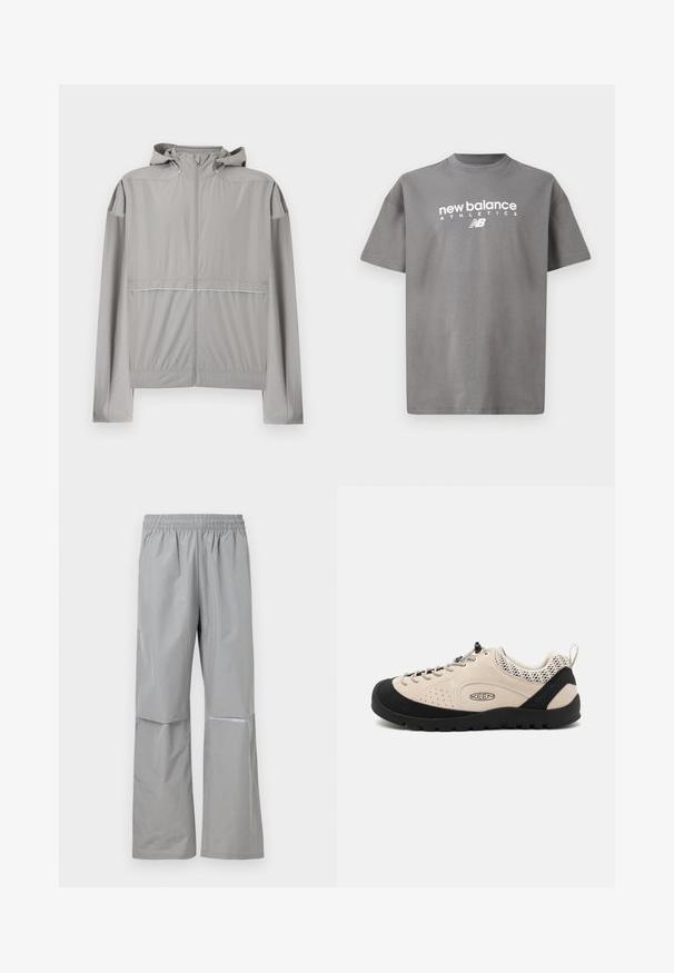 Lysegrå hættejakke med lynlås foran og elastisk talje, designet til letvægts udendørs brug.; Grå bomulds T-shirt med rund hals, korte ærmer og hvidt "new balance ATHLETICS" logo trykt på fronten.; Lysegrå vandtætte regnbukser med elastisk talje og refleksstribe på højre ben, designet til udendørs brug.; Beige ruskindsko med sort gummitåhætte og sål, med snøredesign og åndbare mesh-detaljer på hælen.