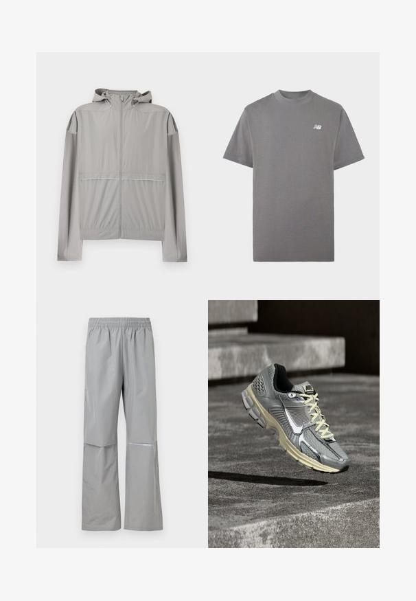Lysegrå hættejakke med lynlås foran og elastisk talje, designet til letvægts udendørs brug.; Grå kortærmet T-shirt med rund hals og en lille hvid New Balance-logo på venstre bryst mod en ensfarvet baggrund.; Lysegrå vandtætte regnbukser med elastisk talje og refleksstribe på højre ben, designet til udendørs brug.; Grå og beige Nike løbesko med hvide snørebånd og en stor hvid swoosh, placeret som om den svæver over en betonsurface.