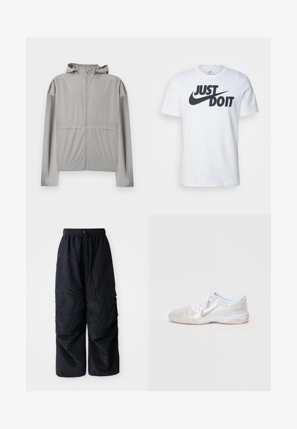 Lichtgrijze windjack met capuchon, voorzien van een ritssluiting aan de voorkant en een elastische tailleband, ontworpen voor lichtgewicht gebruik buitenshuis.; Witte katoenen t-shirt met een opvallend zwart "Just Do It" logo en de Nike swoosh. Klassiek crew neck ontwerp met korte mouwen.; Zwarte lichtgewicht nylon cargo pants met elastische tailleband, verstelbare trekkoord en meerdere gelaagde zakken op de benen.; Licht zilveren sportschoenen met een glad, glanzend bovenwerk, gestikte panelen, witte veters en beige accenten op de hiel en het logo.