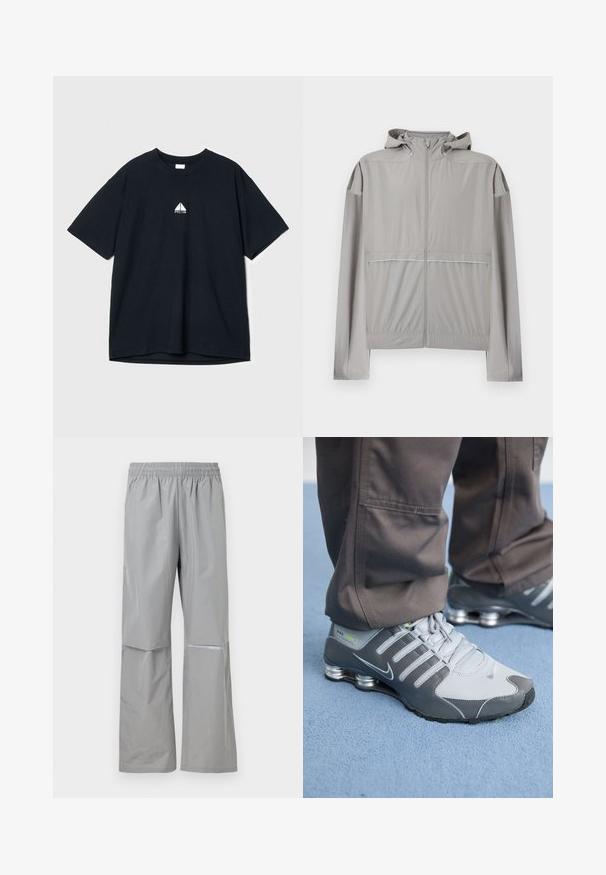 Veste coupe-vent à capuche gris clair avec fermeture éclair frontale et taille élastique, conçue pour une utilisation légère en extérieur.; T-shirt en coton noir avec un col rond, des manches courtes et un petit logo graphique blanc sur la poitrine. Texture douce, coupe décontractée.; Pantalon de pluie imperméable gris clair avec taille élastique et bande réfléchissante sur la jambe droite, conçu pour une utilisation en extérieur.; Des baskets Nike Shox grises et argentées présentent un design élégant, avec des matériaux en mesh et synthétiques, un bout arrondi et un col rembourré.
