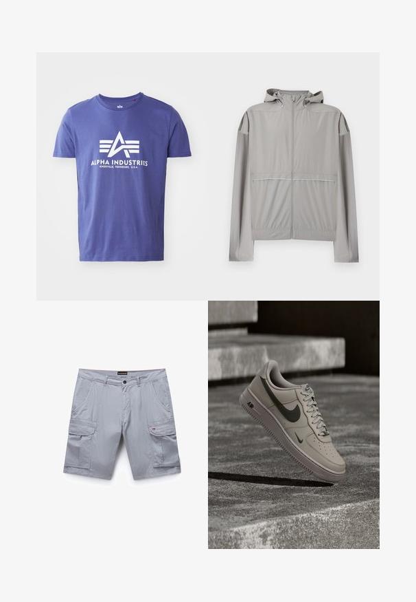Hellgraue Kapuzen-Windjacke mit Frontreißverschluss und elastischem Bund, entwickelt für leichtes Tragen im Freien.; Lila Baumwoll-T-Shirt mit kurzen Ärmeln, das ein weißes Logo mit "ALPHA INDUSTRIES" und einem geometrischen Design zeigt.; Hellgraue Cargo-Shorts mit Knopfverschluss, Gürtelschlaufen, Seitentaschen und Klapp-Cargotaschen, mit einem kleinen Flaggenlogo auf der rechten Tasche.; Beiger Nike Air Force 1 Sneaker mit dunkelgrünem Swoosh-Logo, schwebend über strukturierten Betontreppen bei gedämpftem Licht.