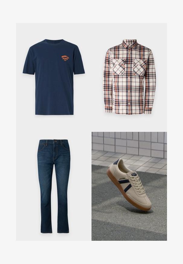 Langarm geruit overhemd in crème, marineblauw en roestkleurige tinten. Beschikt over twee borstzakken en een button-down kraag. Gemaakt van een gestructureerde stof.; Navyblauwe katoenen T-shirt met korte mouwen, een ronde hals en een oranje geborduurd "Wrangler Jeans 1947" logo op de borst.; Donkerblauwe rechte spijkerbroek van denim, met een klassiek vijf-pocket ontwerp en een knoopsluiting bij de taille.; Beige sneaker met een textuurafwerking, marineblauwe strepen en een rubberen zool. Heeft een gevoerde tong en een traditioneel vetersysteem voor een veilige pasvorm.