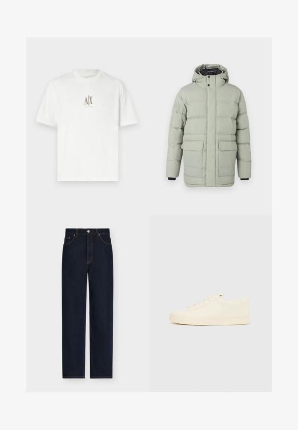 Chaqueta acolchada verde claro con capucha desmontable, cierre delantero a presión, dos grandes bolsillos y ribetes negros en los puños. Textura suave.; Camiseta blanca de algodón con escote redondo. Presenta un pequeño logo beige "A|X" y "ARMANI EXCHANGE" impreso debajo. Manga corta, corte regular.; Vaqueros de mezclilla azul oscuro de pierna recta, con cierre frontal de botón y cremallera, cinco bolsillos y costuras visibles en contraste.; Zapatilla de color crema con parte superior de cuero liso, puntera redondeada, cierre de cordones y suela de goma texturizada. Diseño minimalista, sin logotipos.