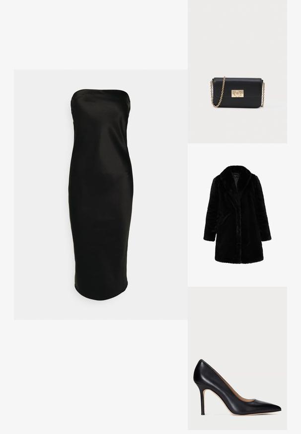 Sort kunstpels lang frakke med bred krave og lange ærmer, designet til koldt vejr.; Gina Tricot TUBE MIDI DRESS - Cocktailkjole / festkjole - black; Sorte læder højhælede pumper med spids tå og en slank stiletto hæl. Den glatte tekstur og de minimale detaljer skaber et klassisk design.; Sort læder crossbody-pung med guld kædestrop og rektangulær guldspænde på forsiden, sat imod en ensfarvet lys baggrund.