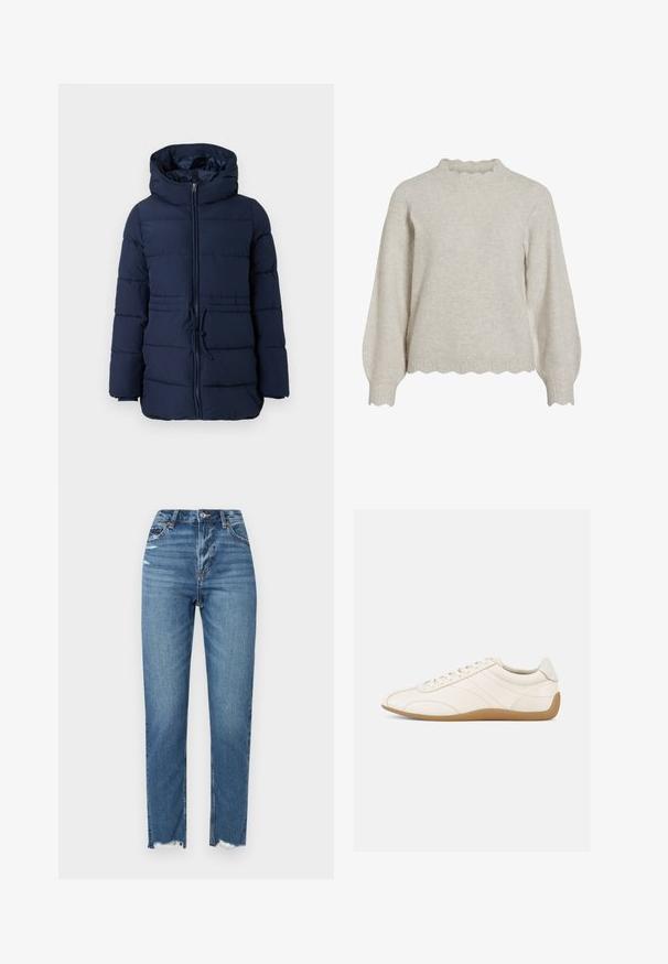 Tumes puffer-jakk kõrge kraega, esisepliga ja reguleeritava drawstringiga vööl. Omab isoleerimiseks tikitud sektsioone.; Helebeež džemper ribade ja lainelise krae ning äärisega. Omab pikki, pallilaadseid varrukaid ning pehmet, tekstuurset kanga.; Kõrge vöökohaga sinised teksad, sirge jala disain, valmistatud denimist, külgedel rebendite ja peene fade'iga, et lisada tekstuuri ja detaile.; Valge nahast toss, millel on sile tekstuur, ümar varvas ja toon-toonis õmblused. Varustatud beežkollase kummist tallaga ja paeltega kinnitusega.