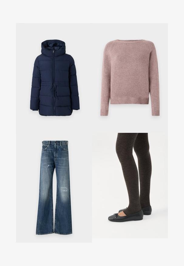 Marineblå pufferjakke med høj krave, frontlynlås og justerbar snor i taljen. Har kviltede sektioner for isolering.; Lyserødt sweater lavet af blødt stof, med rund halsudskæring, lange ærmer og ribbede detaljer i kanten. Enkel design uden udsmykninger.; Bredde ben denim jeans i mørkeblå, med et distressed design med revnede lapper og subtilt falmende. Klassisk fem-lomme stil.; Ben iført mørke ribbede leggings kombineret med sorte balletsko med små sløjfedetaljer på hvid baggrund.