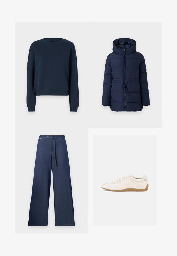 Doudoune marine avec un col haut, fermeture éclair sur le devant et cordon de serrage ajustable à la taille. Présente des sections matelassées pour l'isolation.; Sweatshirt bleu marine en tissu doux, avec un col rond, des manches longues et des poignets et un ourlet côtelés. Design simple sans embellissements.; Pantalon en denim à jambes larges, couleur bleu foncé, avec une taille à cordon, des poches avant et des coutures blanches contrastantes.; Baskets en cuir blanc à texture lisse, bout arrondi et coutures ton sur ton. Elles comportent une semelle en caoutchouc beige et une fermeture à lacets.