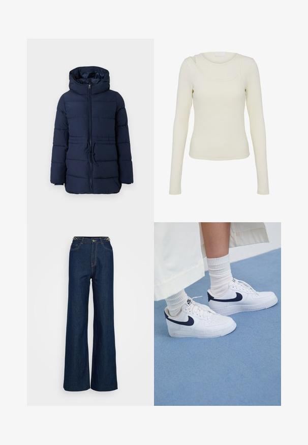 Tumes puffer-jakk kõrge kraega, esisepliga ja reguleeritava drawstringiga vööl. Omab isoleerimiseks tikitud sektsioone.; Kreemikas beežika tooniga pikkade varrukatega soonikkoes pluus, millel on asümmeetriline kahekordse sügava ümmarguse kaelusega detail ja fookusvormis siluett.; Tumedad sinised laiad teksapüksid, mis on valmistatud denimist, klassikalise viie tasku kujundusega, tugevdatud nõelumine ja ümmargune riistvara aktsent vöökohtadel.; Valged Nike Air Force 1 tossud tumesiniste aktsentidega, perforatsiooni tõttu varvaste juures, lamedate paeltega ja kummist tallaga, koos ribadega valgete sokkidega.