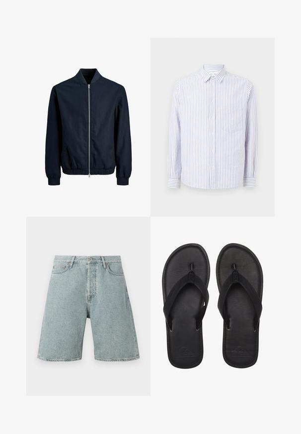 Cazadora bomber azul marino con cremallera frontal, puños y dobladillo elásticos, y cuello clásico. Confeccionada con una tela lisa con un acabado ligeramente texturizado.; Camisa de botones a rayas en azul claro y blanco. Con cuello de punta, mangas largas y un bolsillo en el pecho. Tejido de algodón.; Pantalones cortos de mezclilla azul claro con un ajuste relajado, cinco bolsillos y cierre de botón. Textura desgastada con costuras visibles.; Chanclas negras hechas de material suave, con una tira estilo thong, planta texturizada y logo en relieve en la suela.