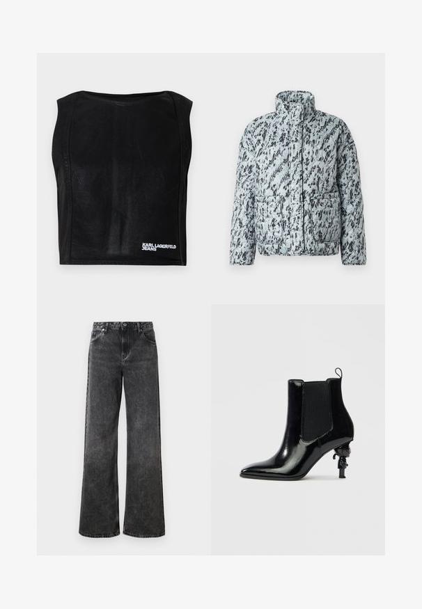 Puffjakke i lyseblå med et sort abstrakt mønster, der har høj krave, to forlommer og quiltet tekstur.; Sort ærmeløs kort top med bådudskæring og hvid "KARL LAGERFELD JEANS" logo nederst til højre.; Bredde ben sorte denimjeans med en falmet struktur, fem lommer og knaplukning. Har kontraststikning og en klassisk talje.; Sort ankelstøvle i laklæder med elastiske sidepaneler, spids tå og en unik skulpturel hældesign med en lille figur.