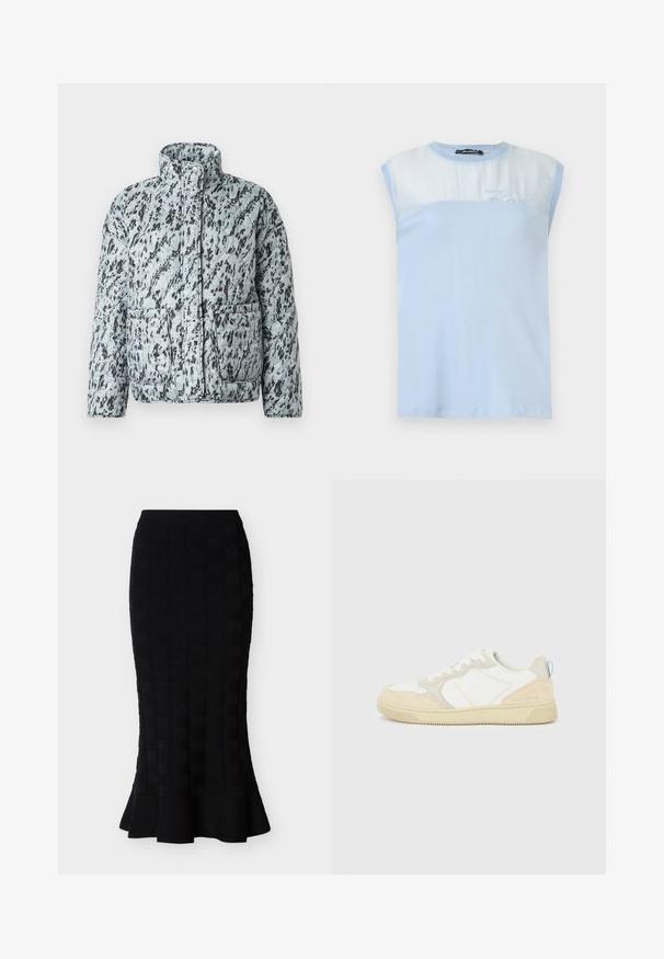 Veste en duvet de couleur bleu clair avec un motif abstrait noir, dotée d'un col montant, de deux poches avant et d'une texture matelassée.; Haut sans manches bleu clair en coton lisse, avec une partie supérieure transparente et un détail brodé "Karl" à l'avant.; Jupe midi noire avec motif texturé carré et ourlet évasé sur fond blanc.; Baskets blanches et beiges avec dessus en suède et textile, présentant des coutures contrastées, une semelle en caoutchouc et un accent bleu clair sur le talon.