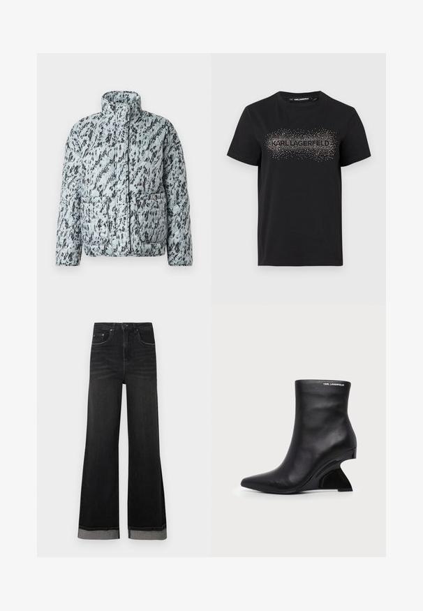 Veste en duvet de couleur bleu clair avec un motif abstrait noir, dotée d'un col montant, de deux poches avant et d'une texture matelassée.; T-shirt noir en coton présentant un design texturé avec des embellissements en points métalliques qui épellent "KARL LAGERFELD" sur le devant.; Jean en denim noir flare à taille haute, avec cinq poches et une couture contrastante. Les ourlets sont repliés avec un détail gris.; Bottine en cuir noir avec talon sculpté incurvé et logo Karl Lagerfeld près du bord supérieur sur fond blanc.