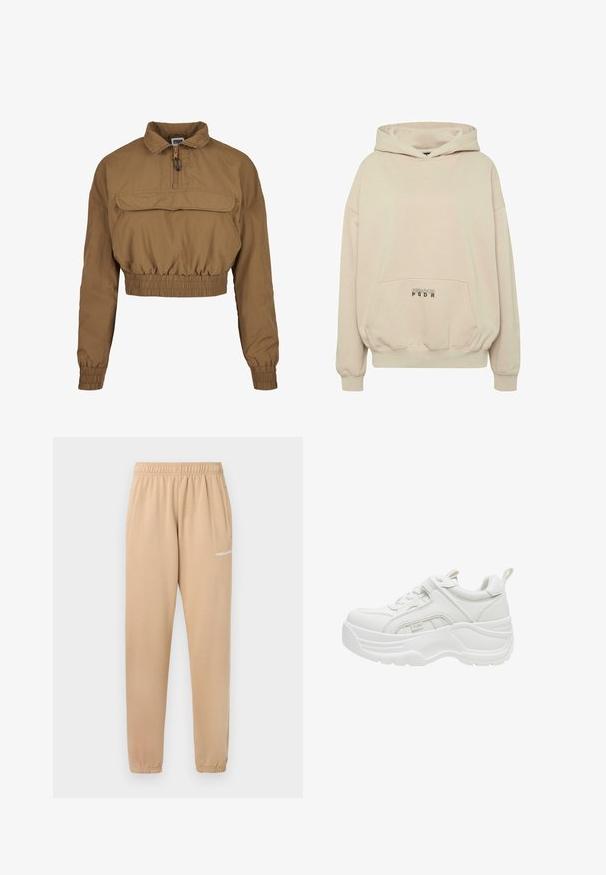 Brun cropped jakke lavet af letvægtsmateriale, med ståkrave, lynlås foran, lomme og elastisk kant og manchetter.; Beige hættetrøje med en forlomme, ribbede manchetter og snøre i hætten. "PECADOR PGDR" tekst trykt på lommedelen.; Beige sweatpants med elastisk talje, tapered ben og sidelommer. Har lille hvid tekst "PEGADOR" på venstre lår.; Hvid chunky sneaker med tyk sål, snørelukning foran, polstret krave og trækstykke på hælen.