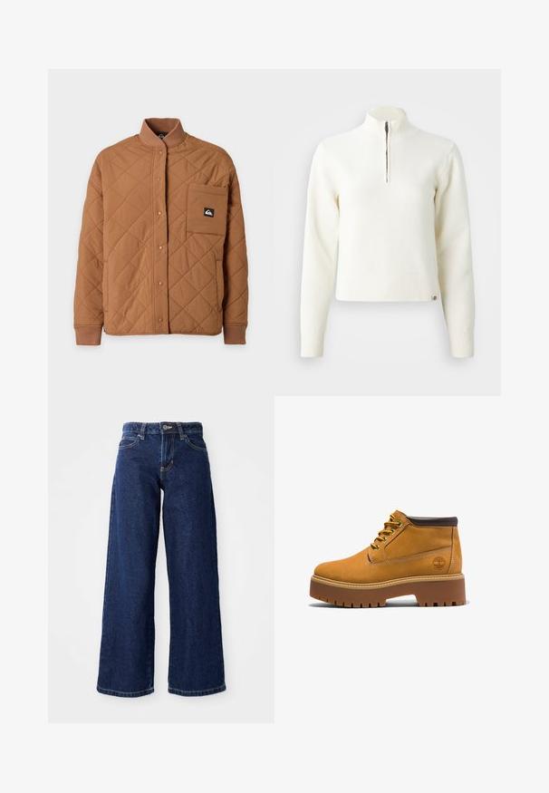 Braune gesteppte Jacke mit Druckknöpfen, geripptem Kragen und Bündchen und einer großen Tasche mit einem schwarzen Logo-Patch auf der linken Brust.; Weißer Sweater mit Reißverschluss am Hals und langen Ärmeln. Aus weichem Strickmaterial gefertigt, mit gerippten Bündchen und Saum. Dezentes Markenlogo am Saum.; Dunkelblaue weit geschnittene Jeans aus Denim, mit einem Knopf- und Reißverschluss, Gürtelschlaufen und klassischem Fünf-Taschen-Design.; Tanfarbene Leder-Stiefeletten mit abgerundetem Zehenbereich, braunen Akzenten, dicker Plateau-Sohle und kontrastierenden gelben Schnürsenkeln. Mit einem Logo an der Seite.