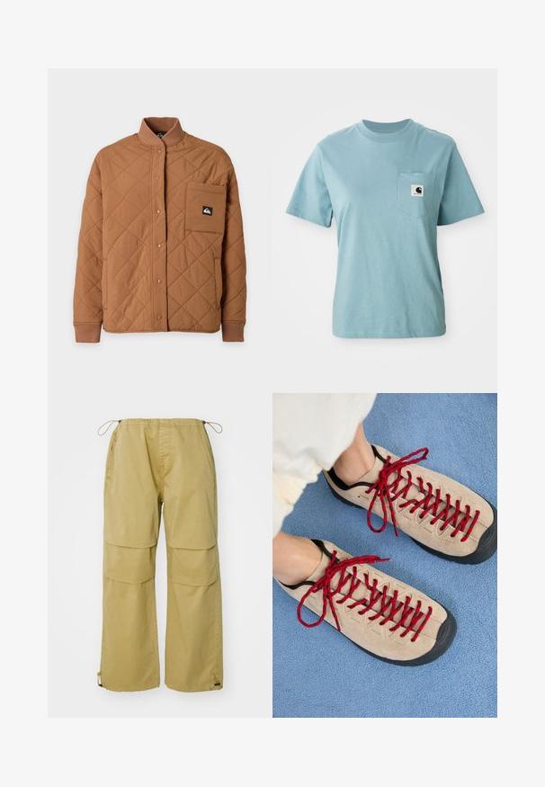 Veste matelassée marron avec boutons-pression, col et poignets côtelés, et une grande poche avec un patch logo noir sur la poitrine gauche.; T-shirt en coton léger bleu clair à manches courtes avec poche poitrine affichant un petit patch logo Carhartt noir et blanc.; Pantalons cargo en kaki, dotés de jambes larges, d'une taille élastique, de poches avant et de poignets ajustables à cordon. Fabriqués en tissu léger.; Des chaussures beiges avec des lacets rouges, posées sur une surface bleue texturée, révèlent partiellement la cheville d'une personne. Les chaussures ont un design sportif.