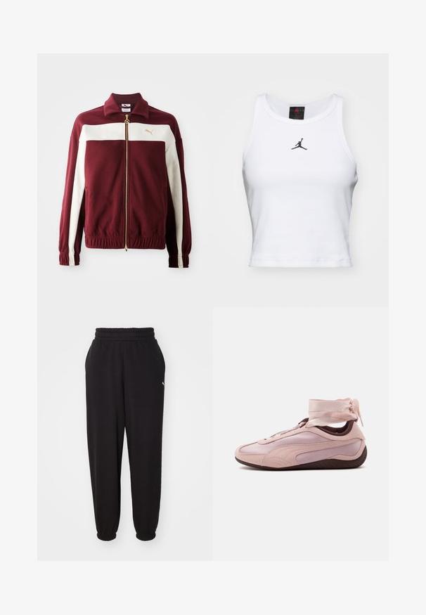 Chaqueta burdeos con cremallera y franjas blancas en las mangas, cremallera dorada y logo en el pecho. Puños y cinturilla acanalados con tejido texturizado.; Top corto blanco de algodón con textura acanalada. Cuenta con un logo negro de Jordan en el centro y un clásico escote redondo.; Pantalones de chándal negros hechos de tela suave, con cinturilla acanalada y tobillos ajustados. Incluye un pequeño logotipo en el costado.; Zapatilla baja de color rosa claro con suela oscura, diseño aerodinámico y lazos atados alrededor del tobillo para un efecto envolvente decorativo.