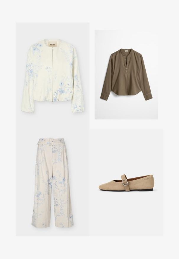 Veste crème à fermeture éclair avec motif floral bleu clair, col rond et manches longues, étiquetée "Mos Mosh."; Blouse décontractée marron à manches longues avec col mandarin, pli à l'avant et ourlet légèrement arrondi, étalée à plat sur un fond blanc.; Pantalon crème à jambes larges avec imprimé floral bleu clair et ceinture en tissu assortie avec boucle rectangulaire.; Ballerines en daim beige de style Mary Jane avec un bout pointu et une seule sangle réglable dotée d'une boucle en métal argenté. Semelle plate noire.