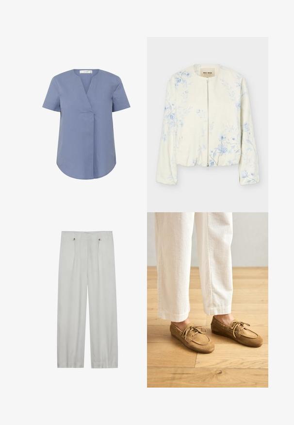 Veste crème à fermeture éclair avec motif floral bleu clair, col rond et manches longues, étiquetée "Mos Mosh."; Blouse à manches courtes, col en V, de couleur bleu clair, présentant un détail plissé à l'avant, un ourlet arrondi et une texture lisse.; Pantalons taille haute en gris clair, à jambes larges, fabriqués en tissu doux. Comprend deux plis avant, deux boutons de fermeture et une texture lisse.; Bateaux en daim marron avec lacets, présentant un bout arrondi et des accents cousus. Portés avec un pantalon en velours côtelé blanc dans un environnement en bois.