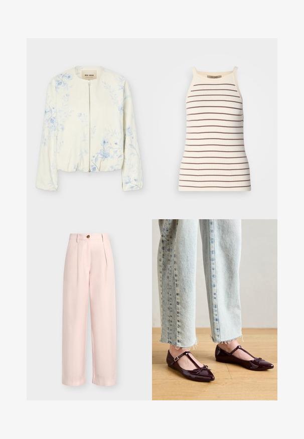 Veste crème à fermeture éclair avec motif floral bleu clair, col rond et manches longues, étiquetée "Mos Mosh."; Débardeur côtelé en crème avec des rayures horizontales marron. Doté de bretelles larges et d'une silhouette ajustée. Étiquette visible au niveau de l'encolure.; Pantalon taille haute rose clair à jambes larges avec plis sur le devant, passants pour ceinture et fermeture par un bouton marron.; Ballerines bordeaux brillantes avec une bride en T, ornées d'un nœud à l'avant. Portées avec un jean court en denim bleu clair.