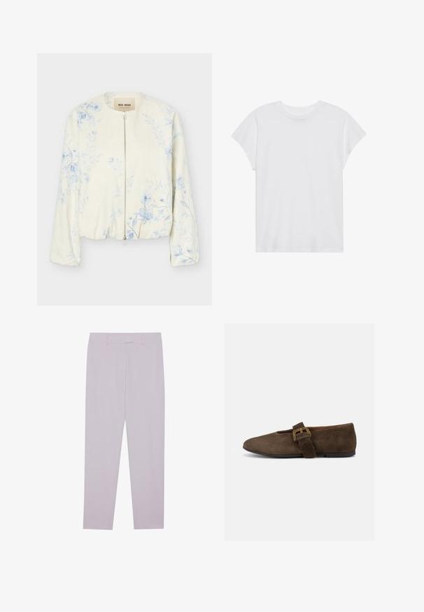 Veste crème à fermeture éclair avec motif floral bleu clair, col rond et manches longues, étiquetée "Mos Mosh."; T-shirt blanc à manches courtes, col rond, coupe décontractée, en tissu de coton doux. Texture lisse, sans motifs ni logos.; Pantalons violet clair en tissu lisse, dotés d'une coupe ajustée, de passants de ceinture et d'une coupe droite.; Chaussure plate en daim marron avec une large bride et une boucle dorée, bout arrondi et semelle noire basse, vue de profil sur fond blanc.
