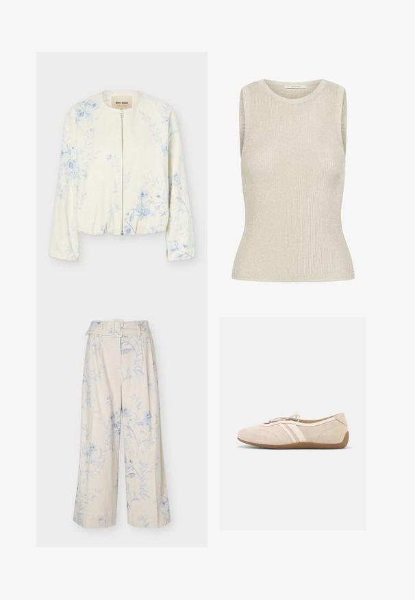 Veste crème à fermeture éclair avec motif floral bleu clair, col rond et manches longues, étiquetée "Mos Mosh."; Top en tricot beige sans manches avec encolure ronde, taille ajustée et léger éclat métallique, marqué de l'étiquette « GESTUZ » à l'intérieur du col.; Pantalon crème à jambes larges avec imprimé floral bleu clair et ceinture en tissu assortie avec boucle rectangulaire.; Chaussure plate en daim beige avec deux bandes en cuir blanc sur le côté, une semelle marron, et une fermeture à cordon coulissant sur le dessus.