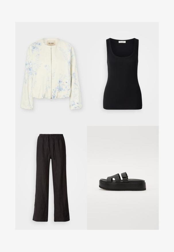 Veste crème à fermeture éclair avec motif floral bleu clair, col rond et manches longues, étiquetée "Mos Mosh."; Débardeur noir côtelé avec un col rond, de larges bretelles et une coupe ajustée. Étiquette à l'arrière indiquant "Marc O'Polo".; Pantalons noirs amples avec une taille élastique et un cordon de serrage. Fabriqués dans un tissu léger avec une texture lisse et des jambes droites.; Sandales à plateforme noires avec deux larges brides, en matériau lisse. Présentent une semelle épaisse avec un dessous texturé pour l'adhérence.