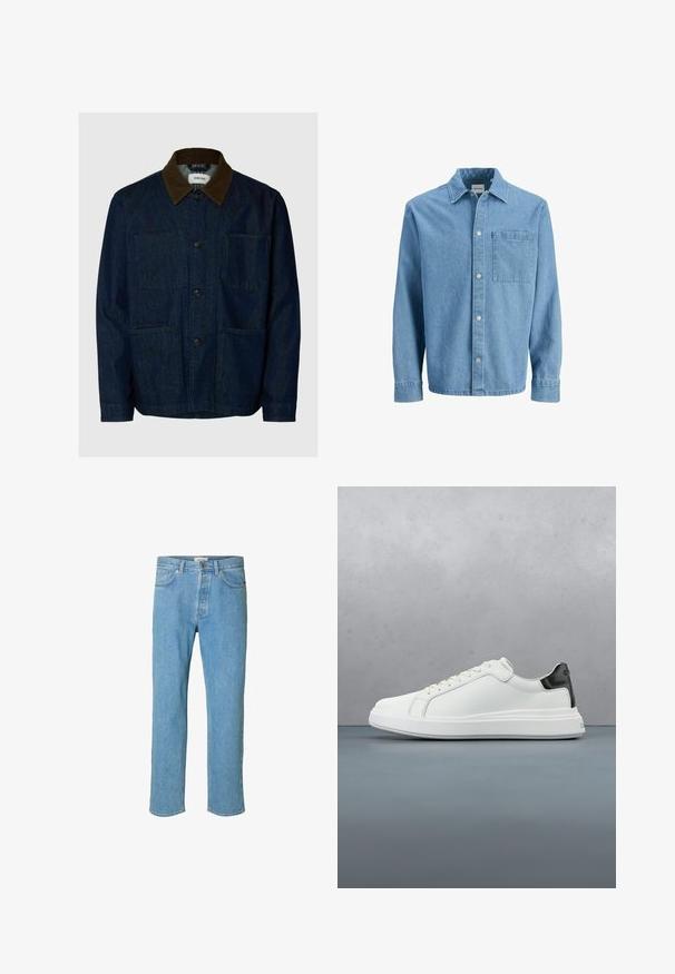 Dunkelblaue Jeansjacke mit braunem Cordkragen, Knopfleiste vorne und drei aufgesetzten Taschen.; Hellblaue Denimjacke mit einem weit ausgeschnittenen Kragen, vorderer Patten-Tasche, Knopfverschluss und langen Ärmeln mit geknöpften Manschetten.; Hellblaue Jeans aus Denim mit geradem Beinschnitt. Merkmale sind ein Knopfverschluss, fünf Taschen und gestickte Details entlang der Nähte.; Weiße Sneaker mit einem glatten Obermaterial aus Leder und einem kontrastierenden schwarzen Fersenakzent. Ausgestattet mit flachen Schnürsenkeln und einer strukturierten Gummisohle.
